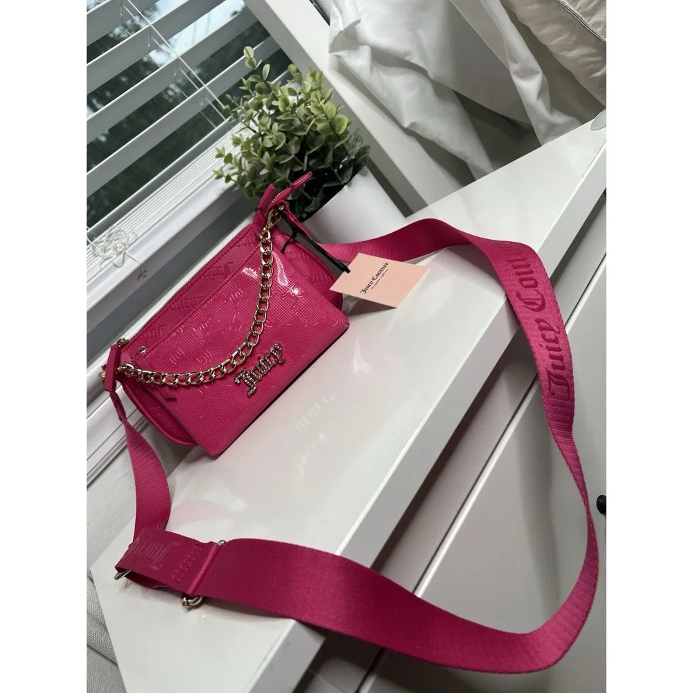 Juicy Couture Double Trouble Crossbody Bag Hot Pink Purse Gold Chain Pockets Zip